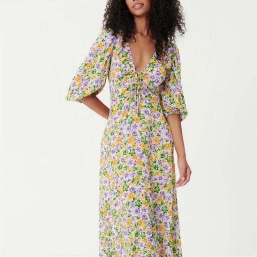 NICHOLAS | DANIELLE DRESS IN WHISTLEDOWN | FLORAL PLUNGING V-NECK | SIZE US 4